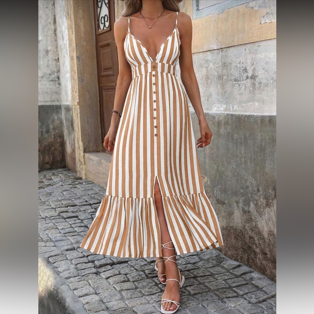 Striped Tan and White Maxi Dress